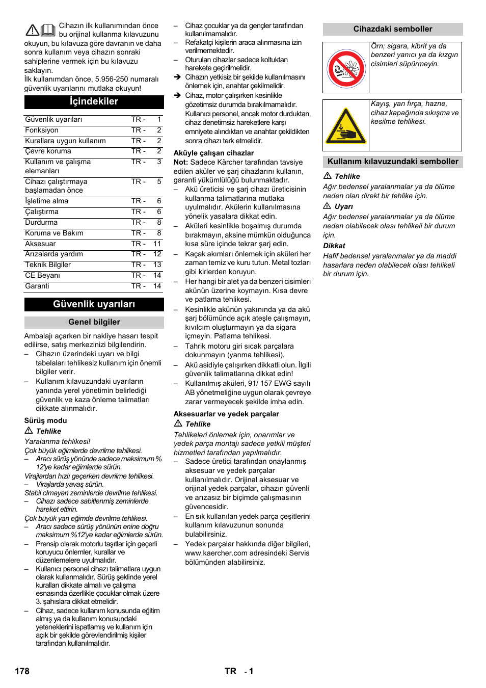 Içindekiler, Güvenlik uyarıları | Karcher KM 90-60 R Bp User Manual | Page 178 / 408