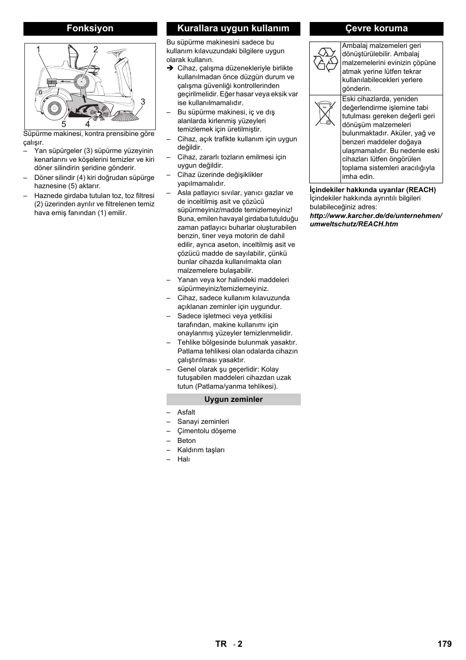Fonksiyon kurallara uygun kullanım, Çevre koruma | Karcher KM 90-60 R Bp User Manual | Page 179 / 408