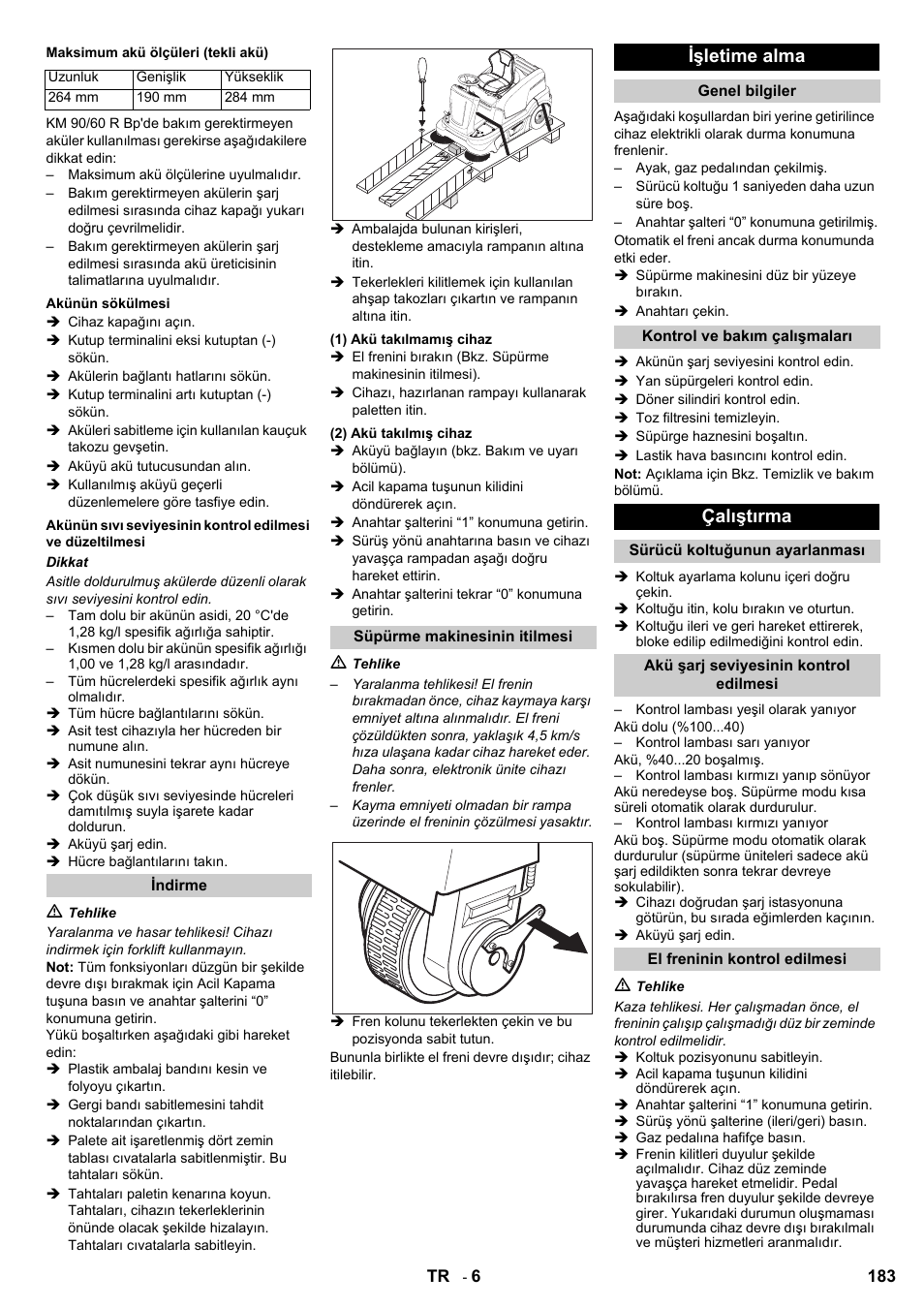 Işletime alma, Çalıştırma | Karcher KM 90-60 R Bp User Manual | Page 183 / 408