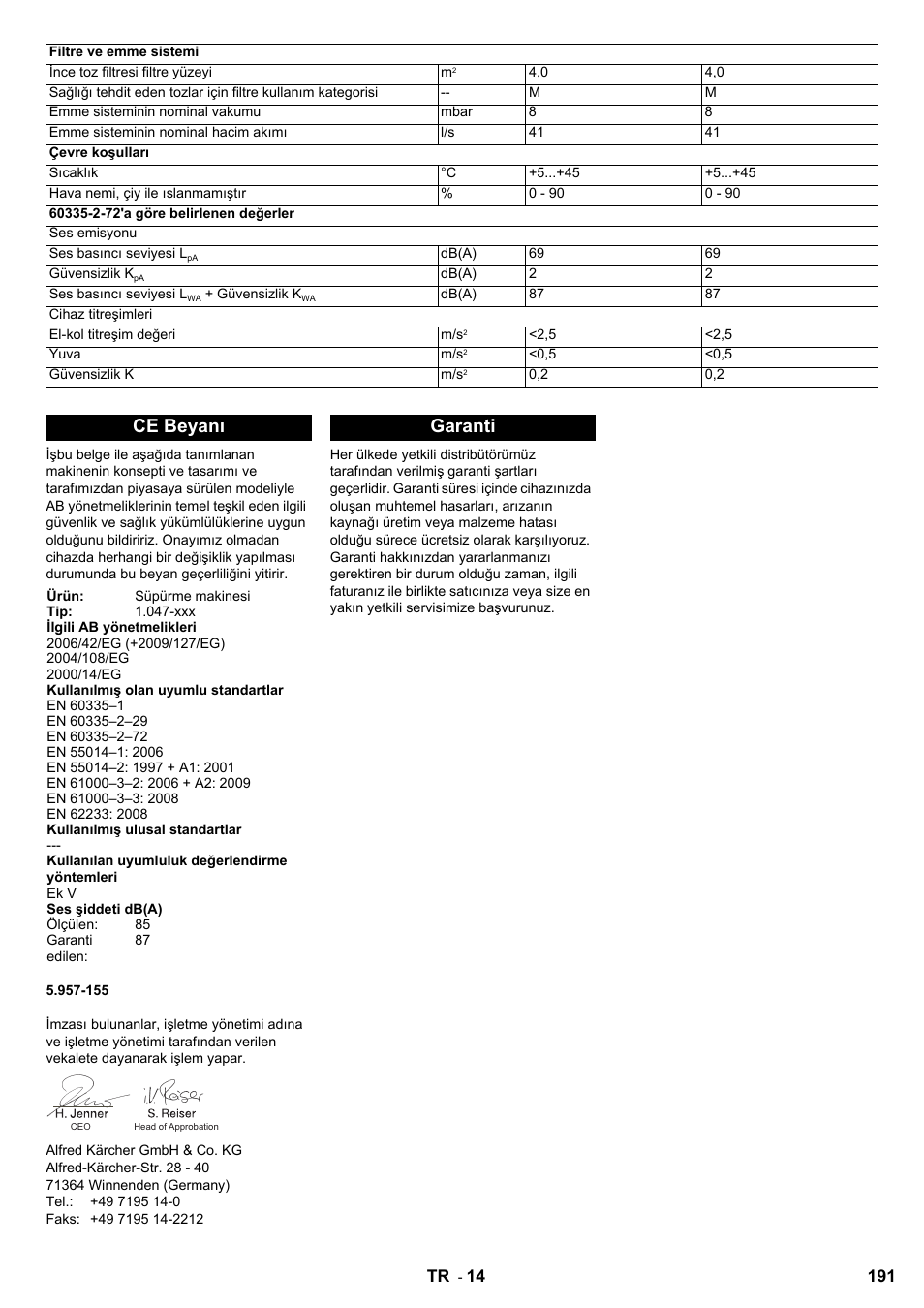 Ce beyanı, Garanti | Karcher KM 90-60 R Bp User Manual | Page 191 / 408