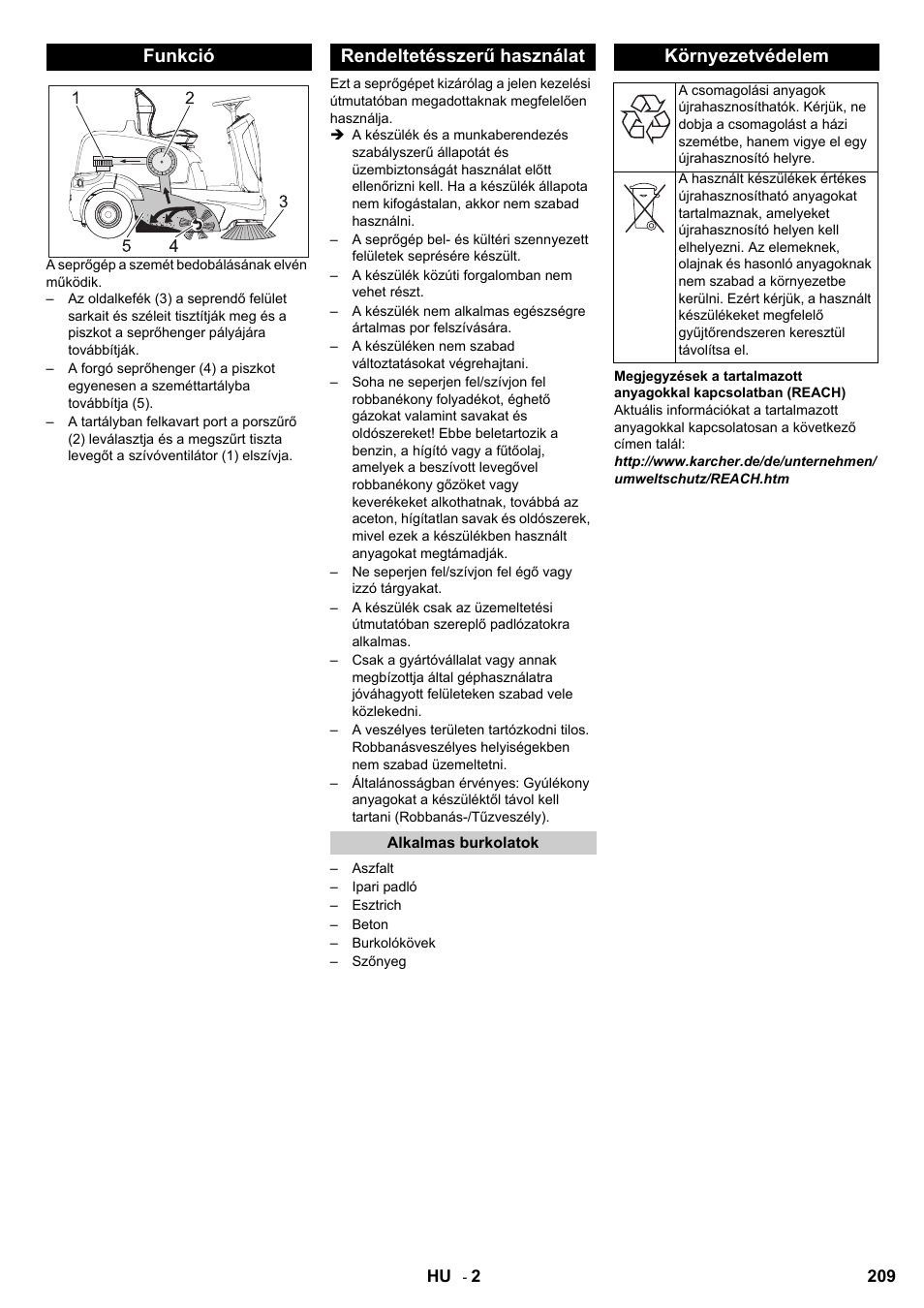 Funkció rendeltetésszerű használat, Környezetvédelem | Karcher KM 90-60 R Bp User Manual | Page 209 / 408