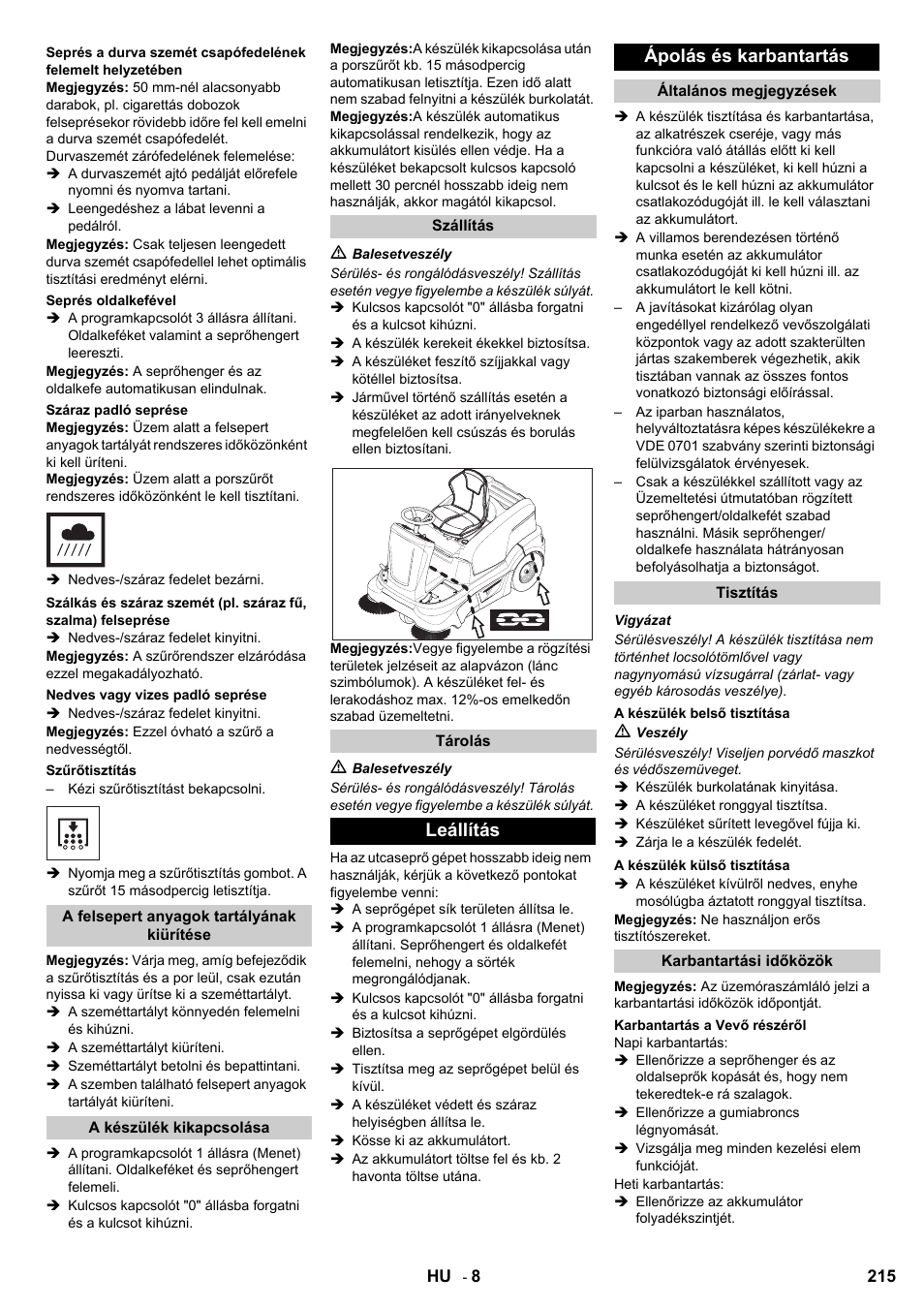 Leállítás ápolás és karbantartás | Karcher KM 90-60 R Bp User Manual | Page 215 / 408