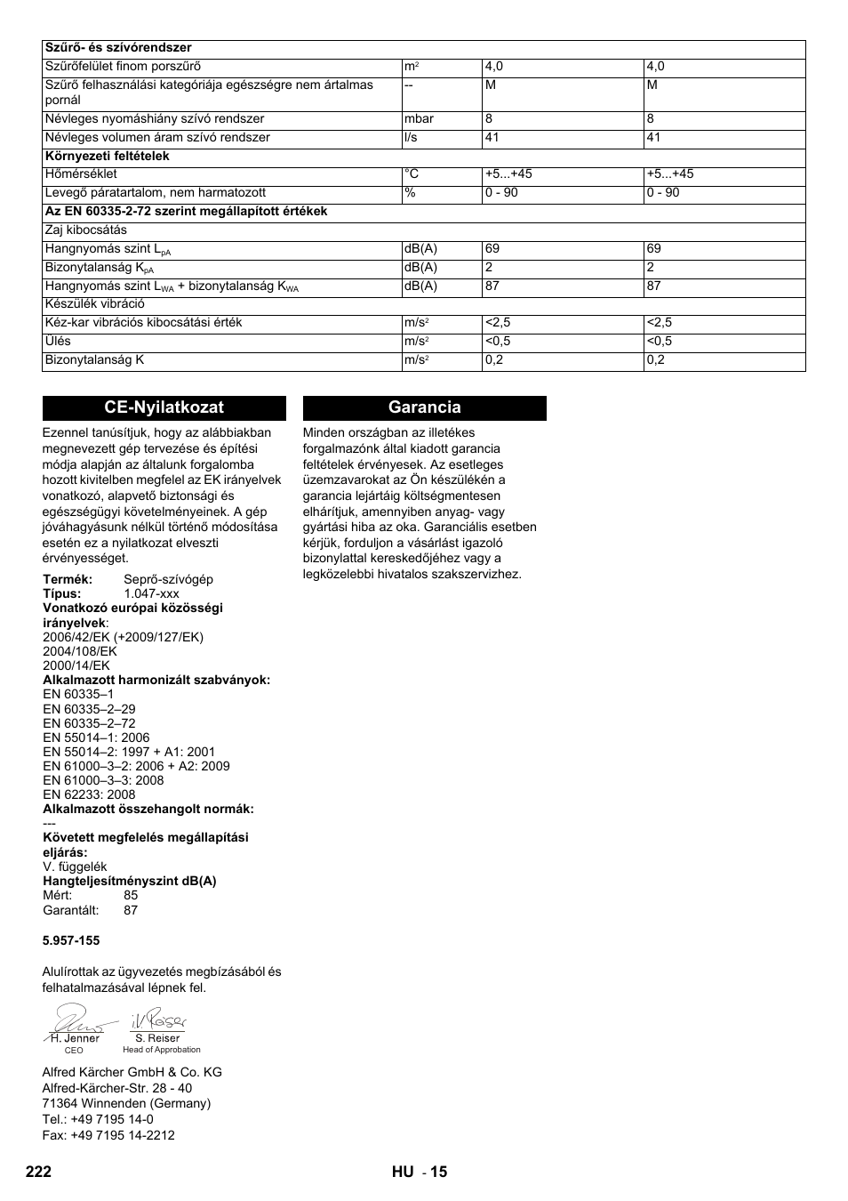 Ce-nyilatkozat, Garancia | Karcher KM 90-60 R Bp User Manual | Page 222 / 408