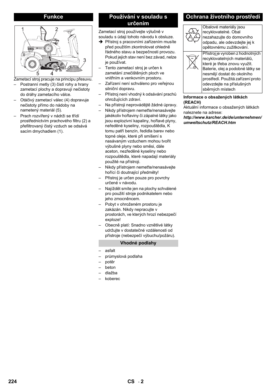 Funkce používání v souladu s určením, Ochrana životního prostředí | Karcher KM 90-60 R Bp User Manual | Page 224 / 408