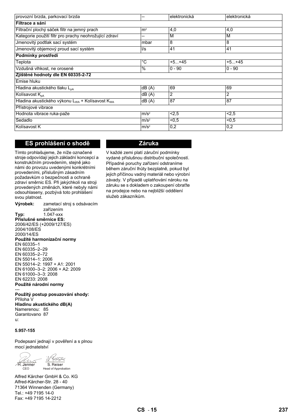 Es prohlášení o shodě, Záruka | Karcher KM 90-60 R Bp User Manual | Page 237 / 408