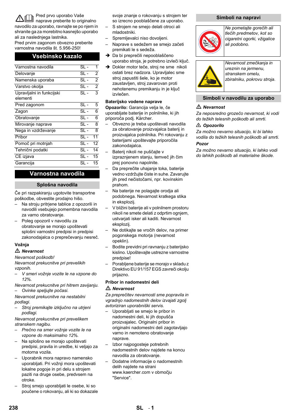 Vsebinsko kazalo, Varnostna navodila | Karcher KM 90-60 R Bp User Manual | Page 238 / 408