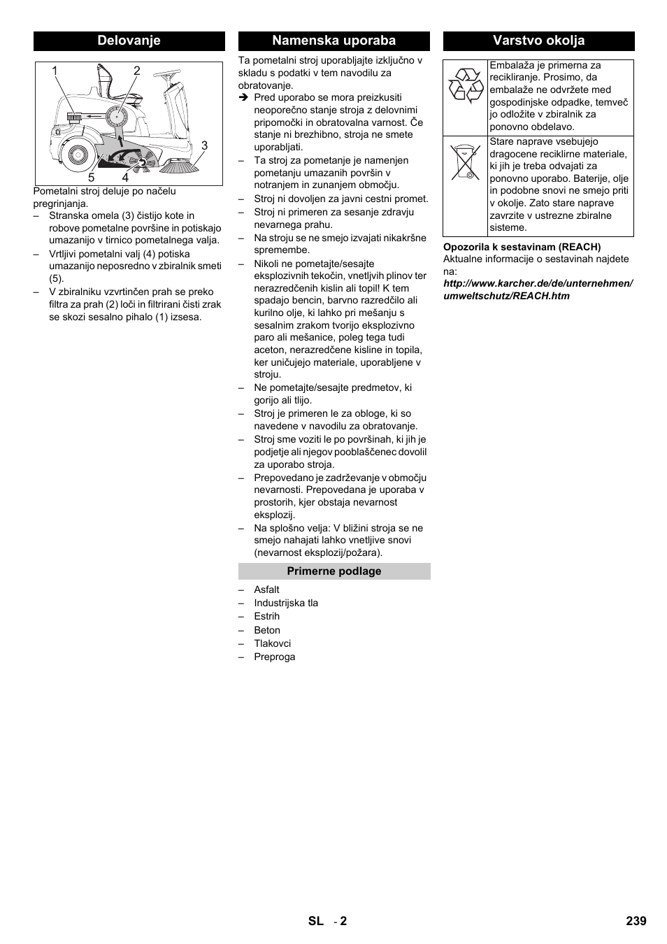 Delovanje namenska uporaba, Varstvo okolja | Karcher KM 90-60 R Bp User Manual | Page 239 / 408