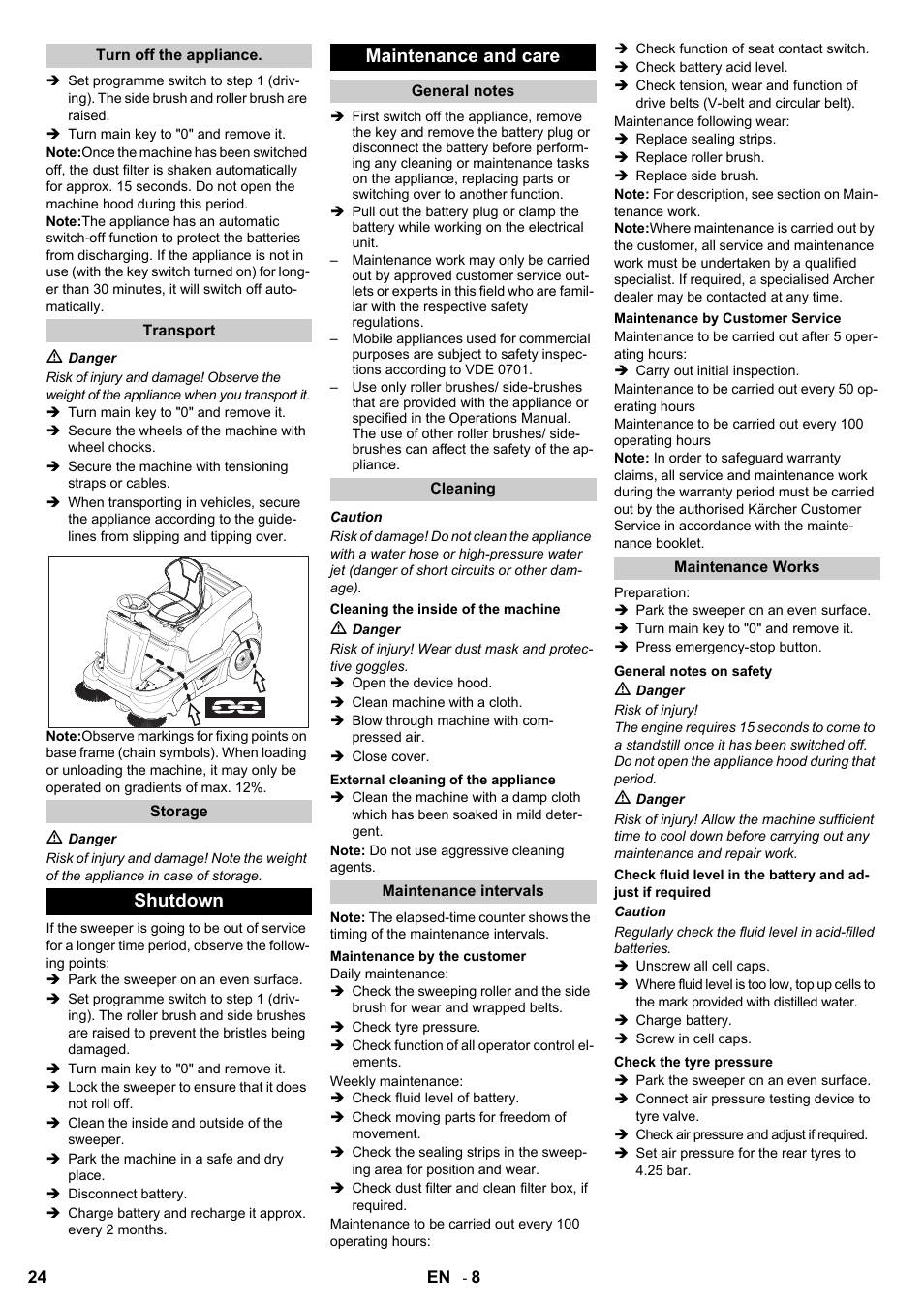 Shutdown maintenance and care | Karcher KM 90-60 R Bp User Manual | Page 24 / 408