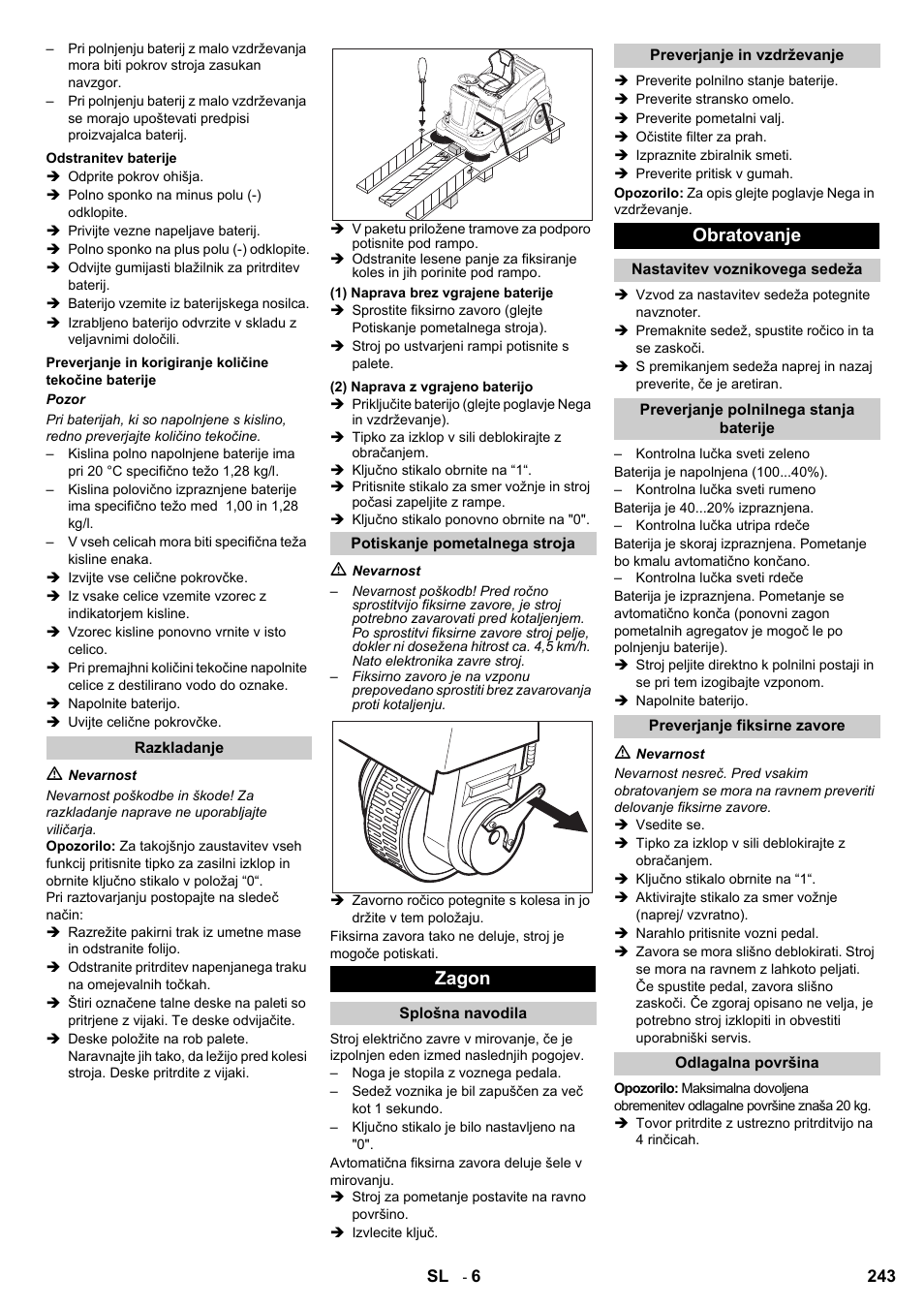 Zagon, Obratovanje | Karcher KM 90-60 R Bp User Manual | Page 243 / 408