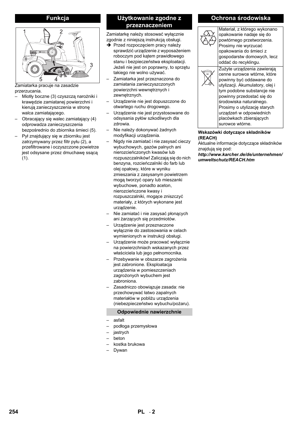 Funkcja użytkowanie zgodne z przeznaczeniem, Ochrona środowiska | Karcher KM 90-60 R Bp User Manual | Page 254 / 408