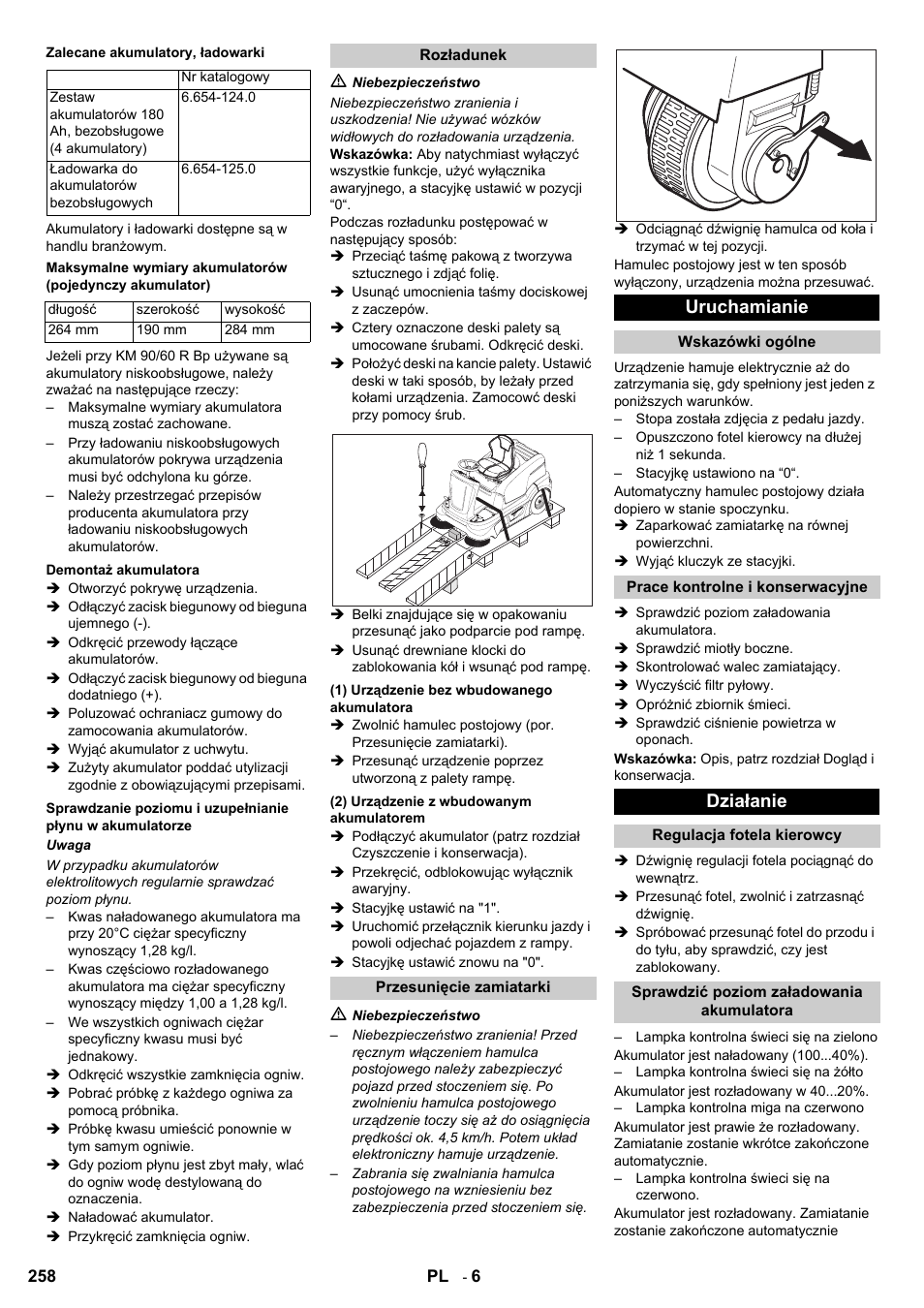 Uruchamianie, Działanie | Karcher KM 90-60 R Bp User Manual | Page 258 / 408