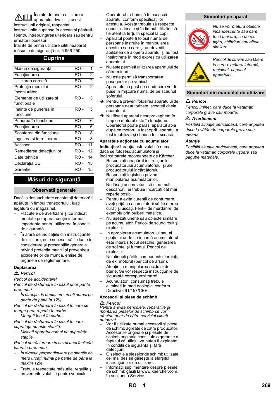 Cuprins, Măsuri de siguranţă | Karcher KM 90-60 R Bp User Manual | Page 269 / 408