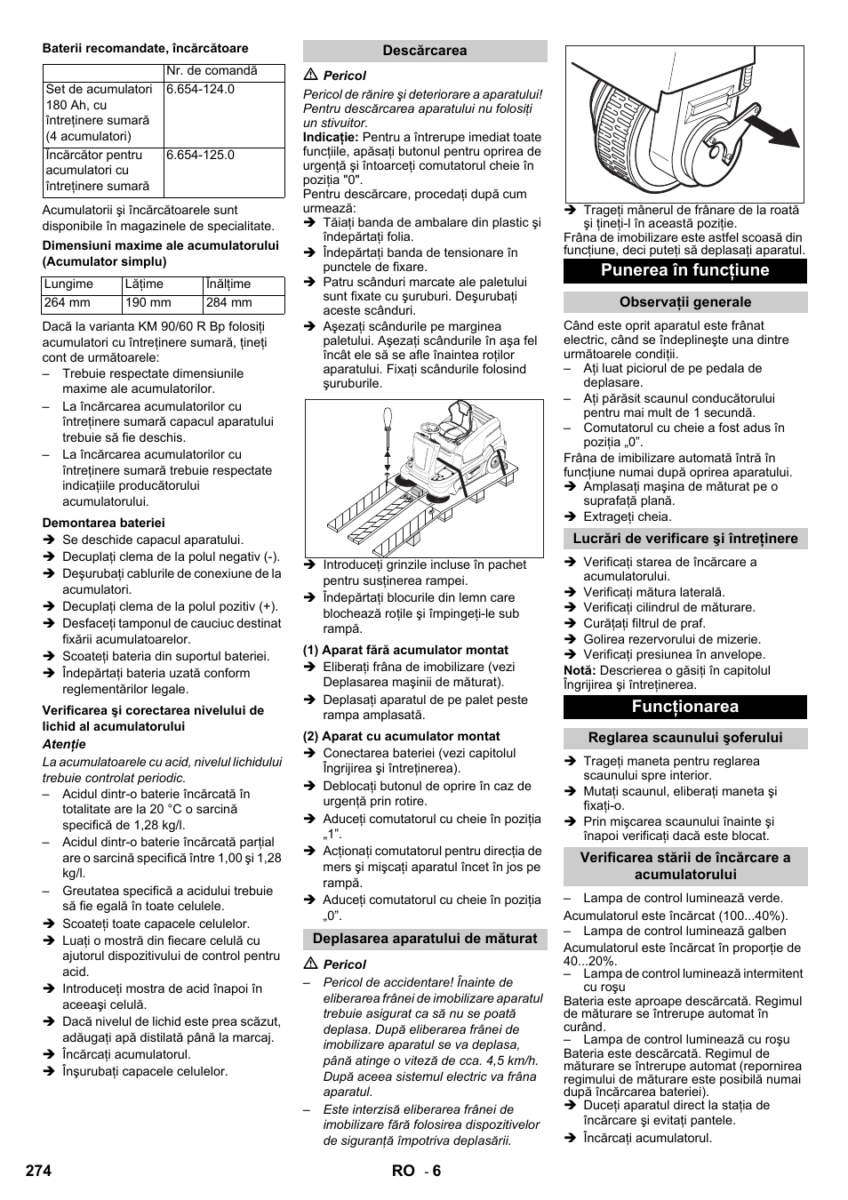 Punerea în funcţiune, Funcţionarea | Karcher KM 90-60 R Bp User Manual | Page 274 / 408