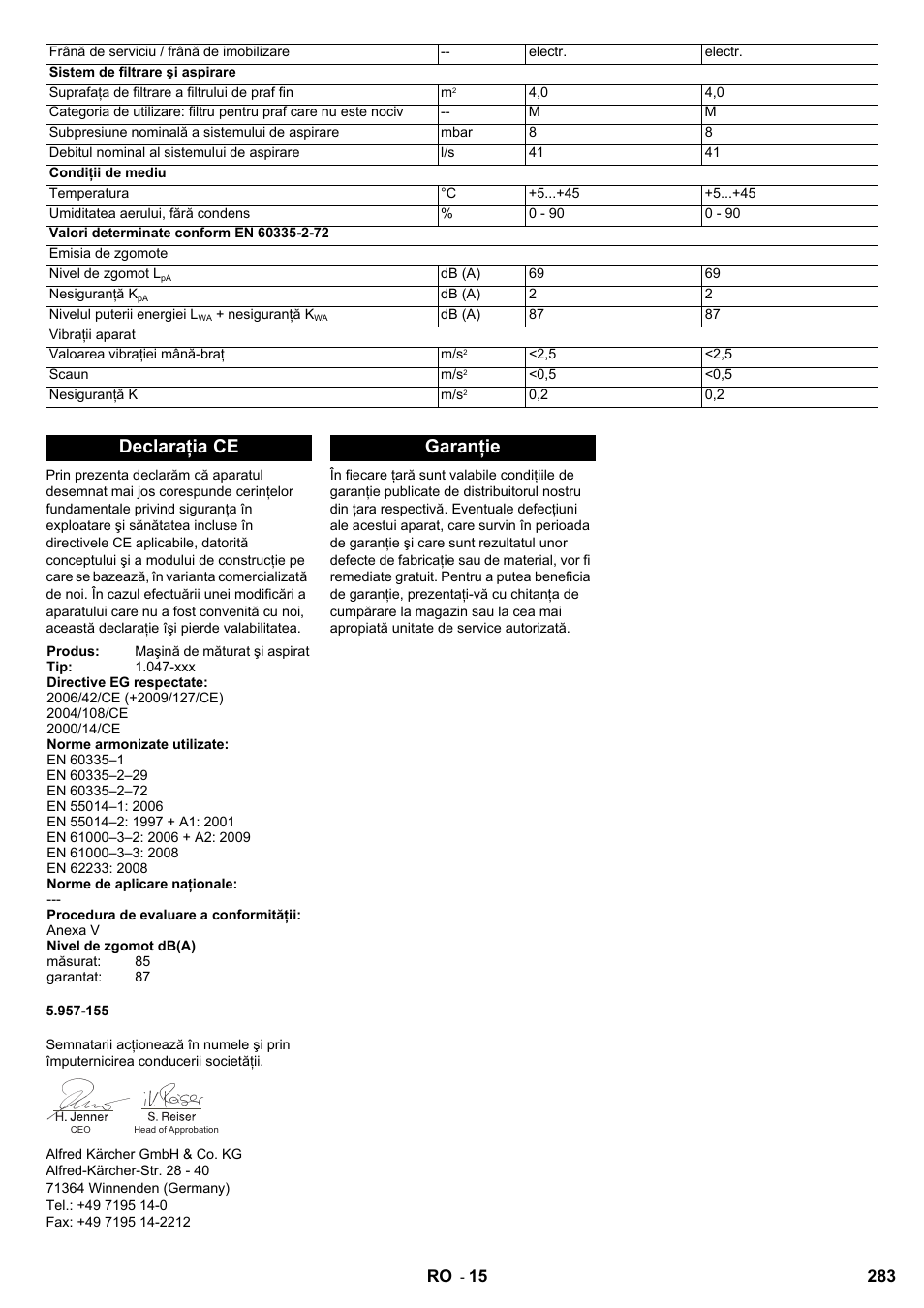 Declaraţia ce, Garanţie | Karcher KM 90-60 R Bp User Manual | Page 283 / 408