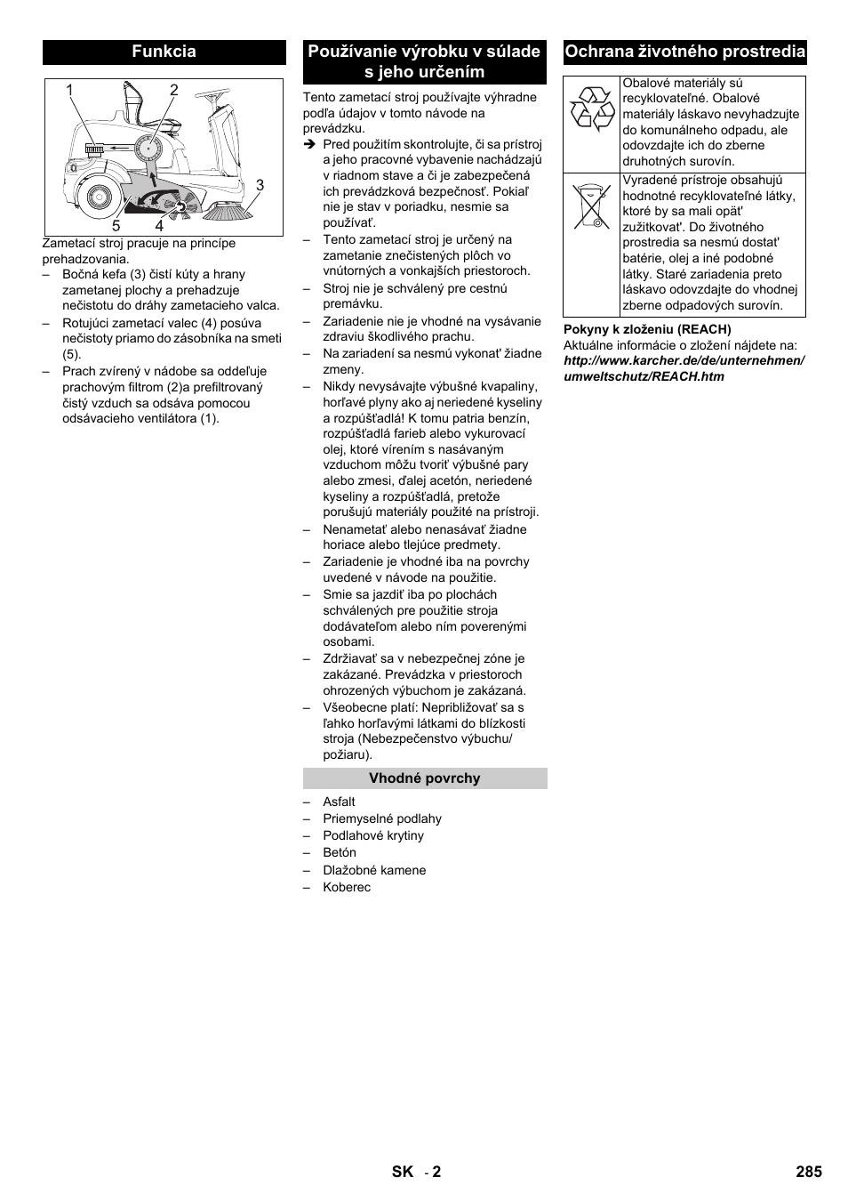 Funkcia používanie výrobku v súlade s jeho určením, Ochrana životného prostredia | Karcher KM 90-60 R Bp User Manual | Page 285 / 408