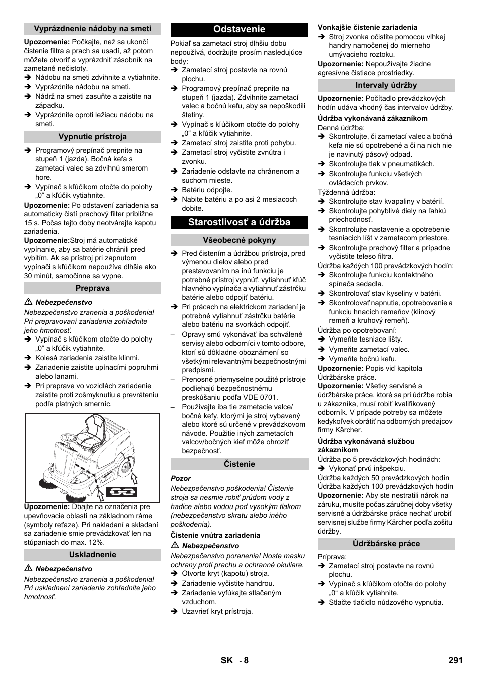 Odstavenie starostlivosť a údržba | Karcher KM 90-60 R Bp User Manual | Page 291 / 408