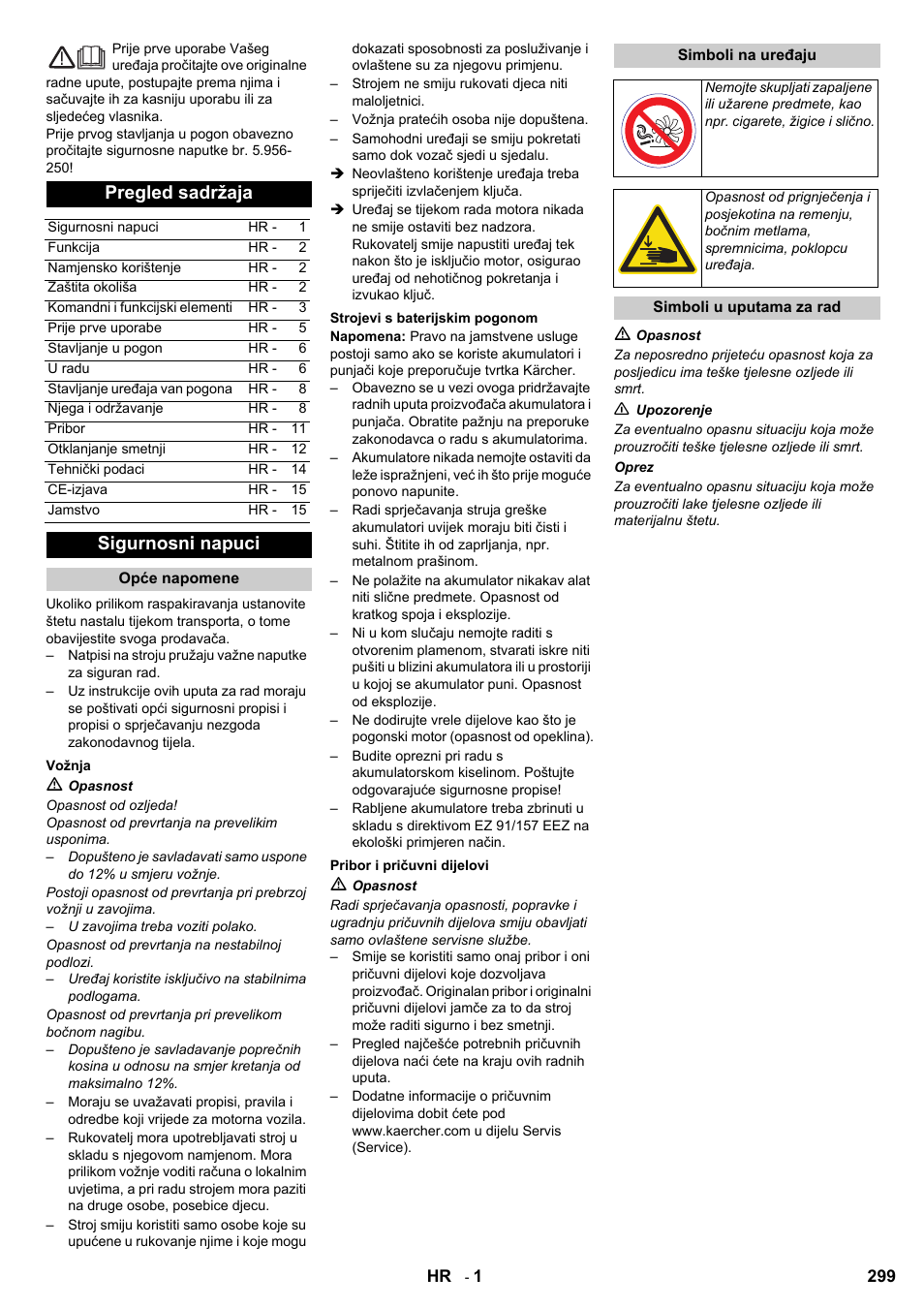 Pregled sadržaja, Sigurnosni napuci | Karcher KM 90-60 R Bp User Manual | Page 299 / 408