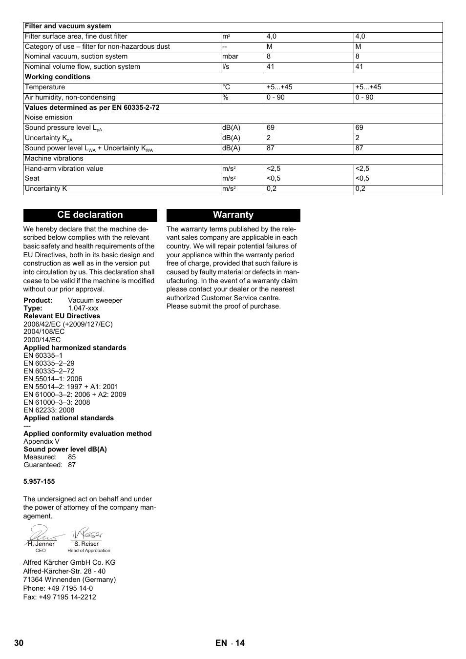 Ce declaration, Warranty, 30 en | Karcher KM 90-60 R Bp User Manual | Page 30 / 408