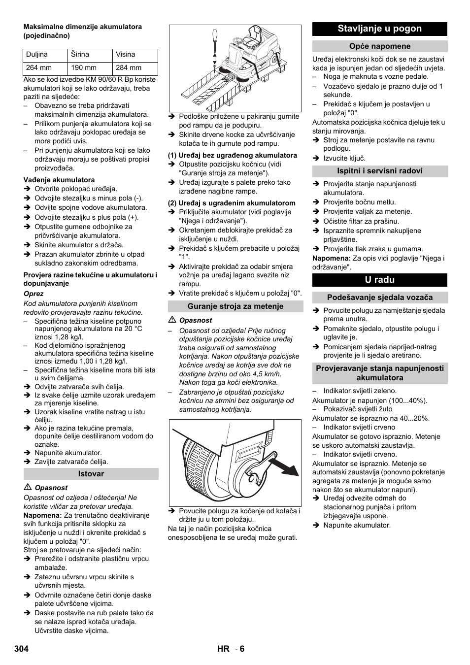 Stavljanje u pogon, U radu | Karcher KM 90-60 R Bp User Manual | Page 304 / 408