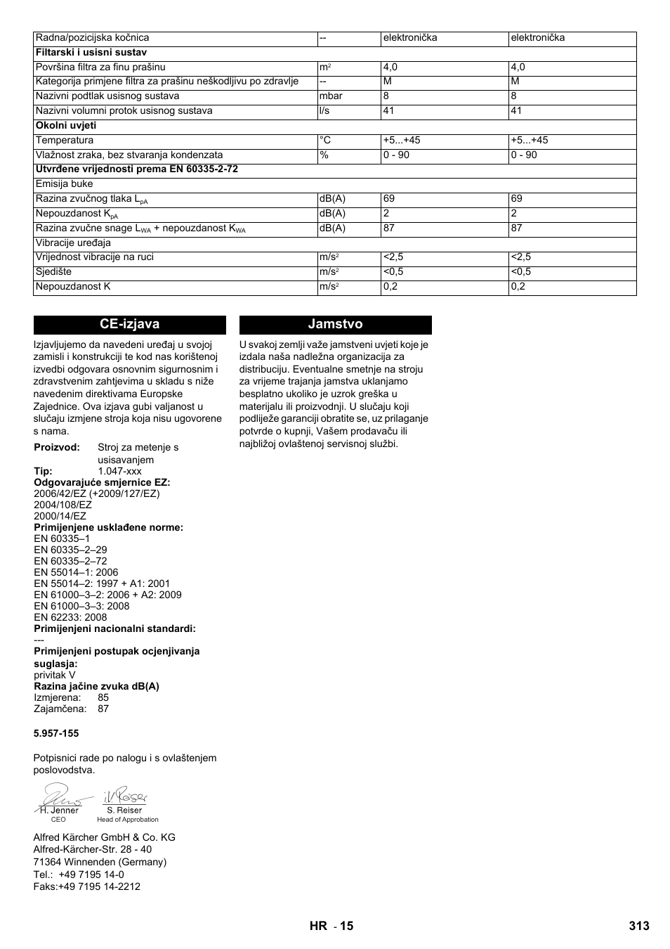 Ce-izjava, Jamstvo | Karcher KM 90-60 R Bp User Manual | Page 313 / 408