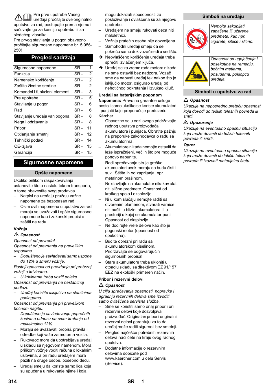 Pregled sadržaja, Sigurnosne napomene | Karcher KM 90-60 R Bp User Manual | Page 314 / 408