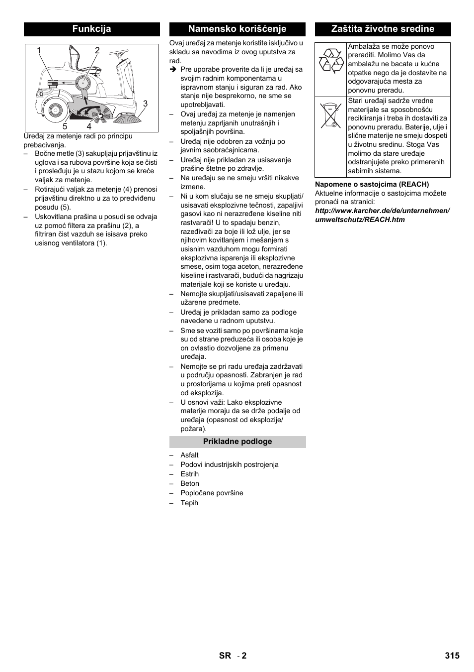 Funkcija namensko korišćenje, Zaštita životne sredine | Karcher KM 90-60 R Bp User Manual | Page 315 / 408