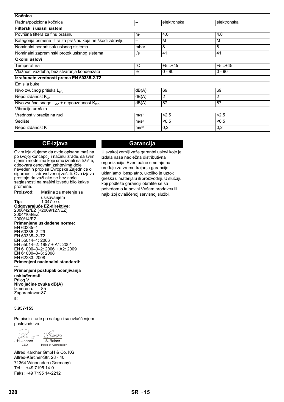 Ce-izjava, Garancija | Karcher KM 90-60 R Bp User Manual | Page 328 / 408