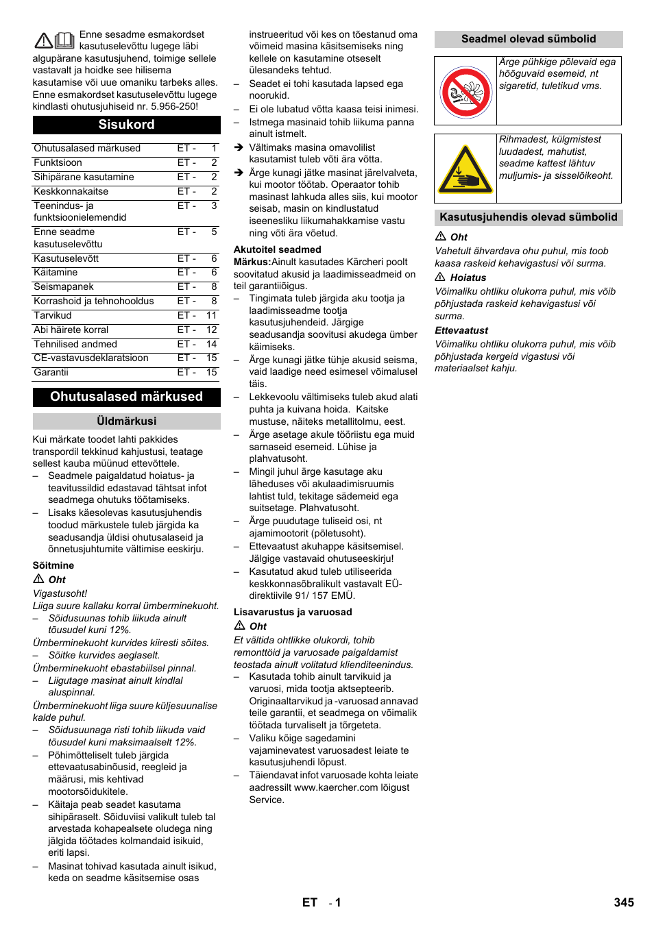 Sisukord, Ohutusalased märkused | Karcher KM 90-60 R Bp User Manual | Page 345 / 408