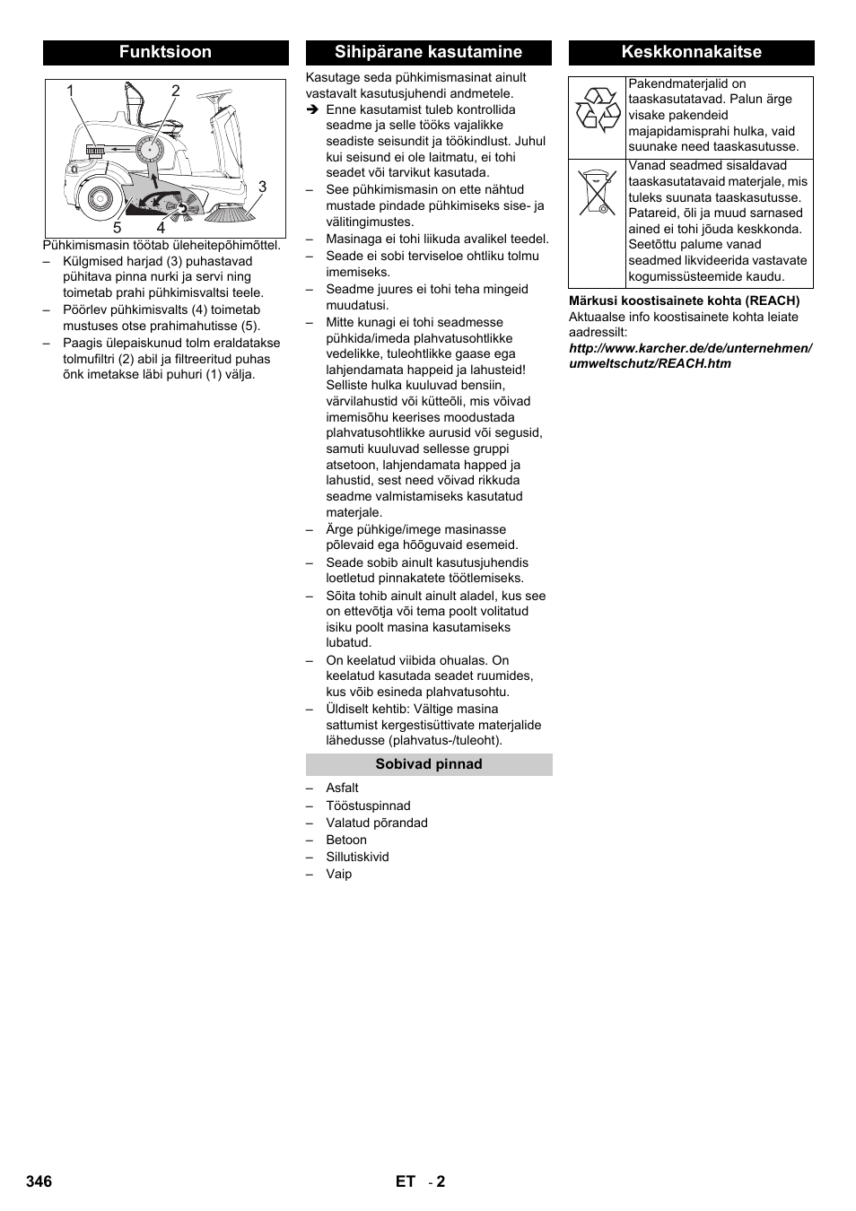 Funktsioon sihipärane kasutamine, Keskkonnakaitse | Karcher KM 90-60 R Bp User Manual | Page 346 / 408