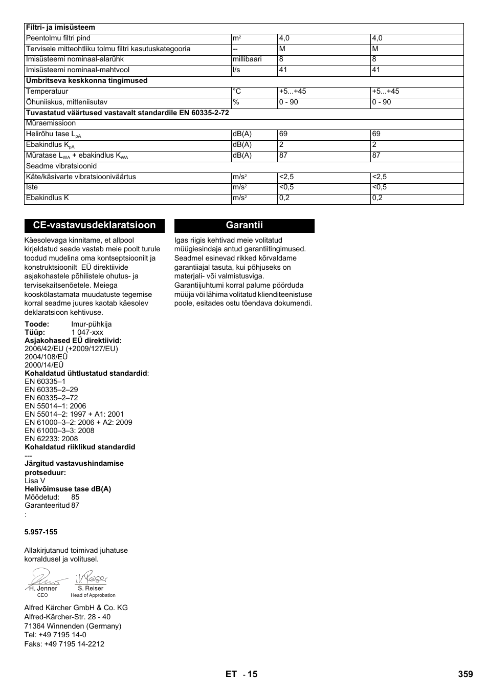 Ce-vastavusdeklaratsioon, Garantii | Karcher KM 90-60 R Bp User Manual | Page 359 / 408