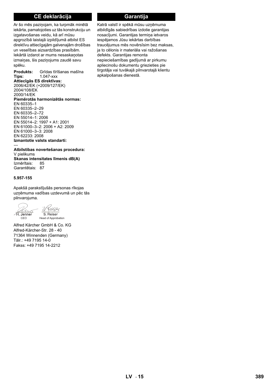 Ce deklarācija, Garantija | Karcher KM 90-60 R Bp User Manual | Page 389 / 408