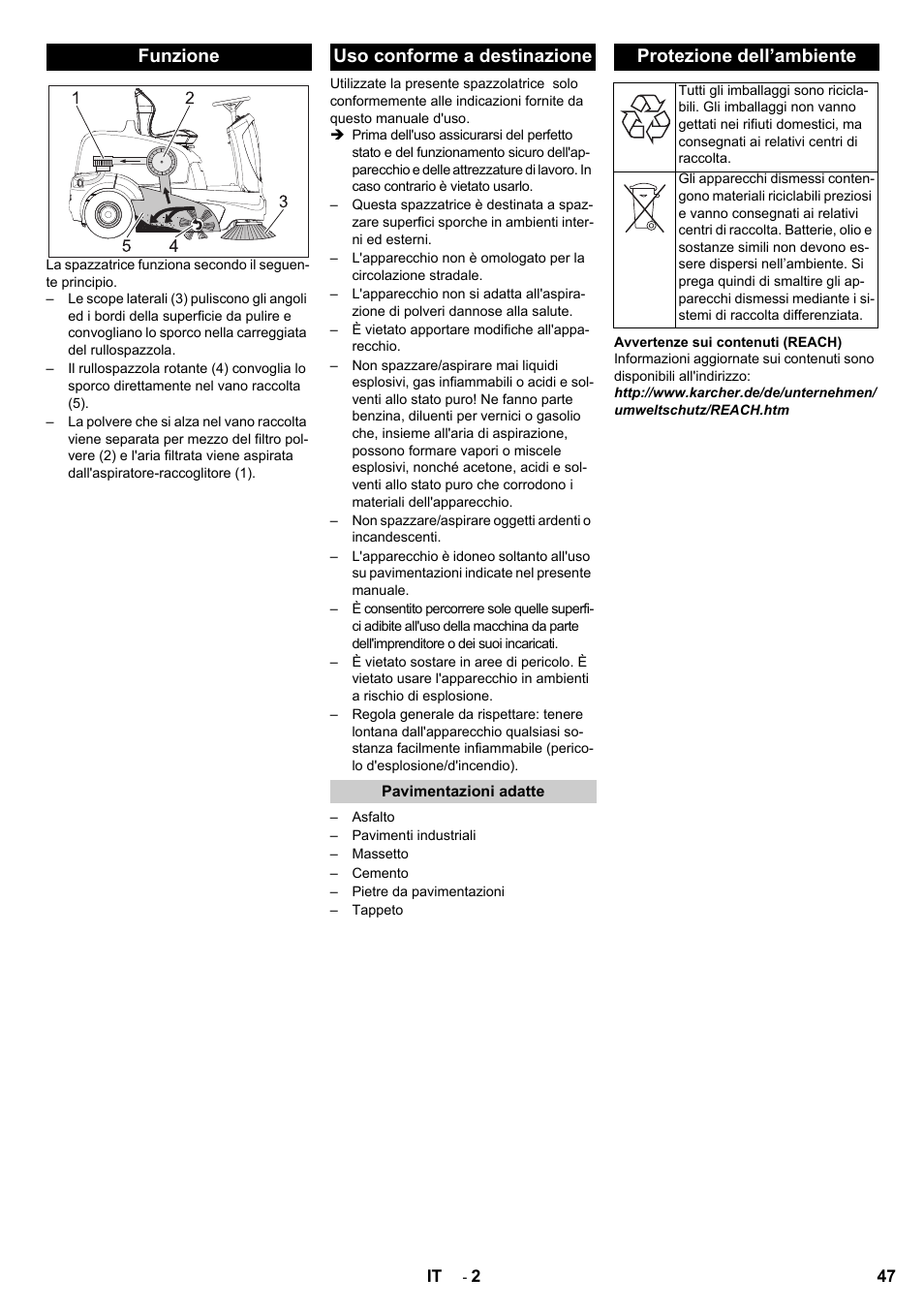 Funzione uso conforme a destinazione, Protezione dell’ambiente | Karcher KM 90-60 R Bp User Manual | Page 47 / 408