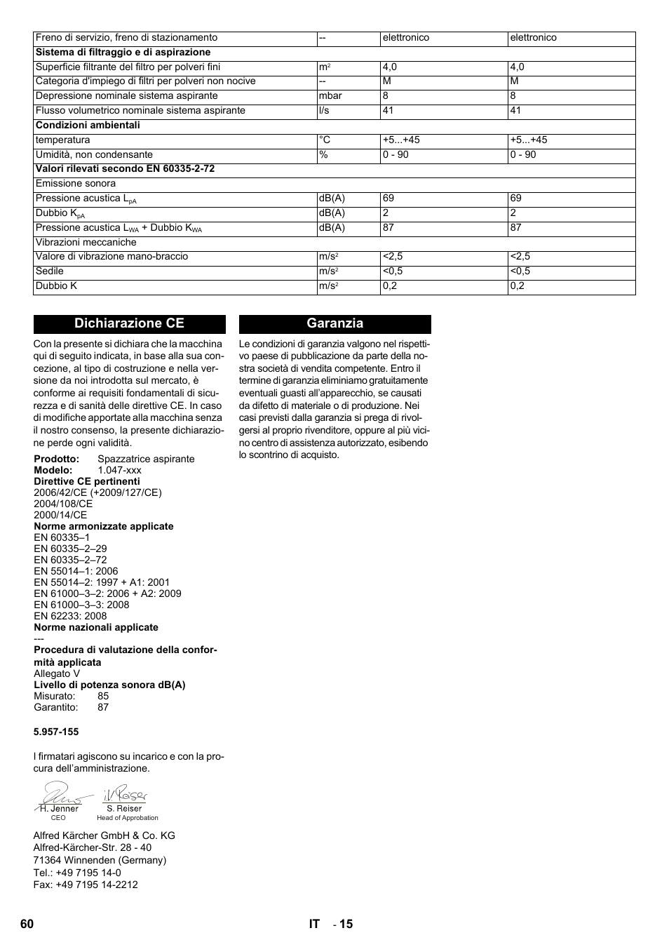 Dichiarazione ce, Garanzia | Karcher KM 90-60 R Bp User Manual | Page 60 / 408