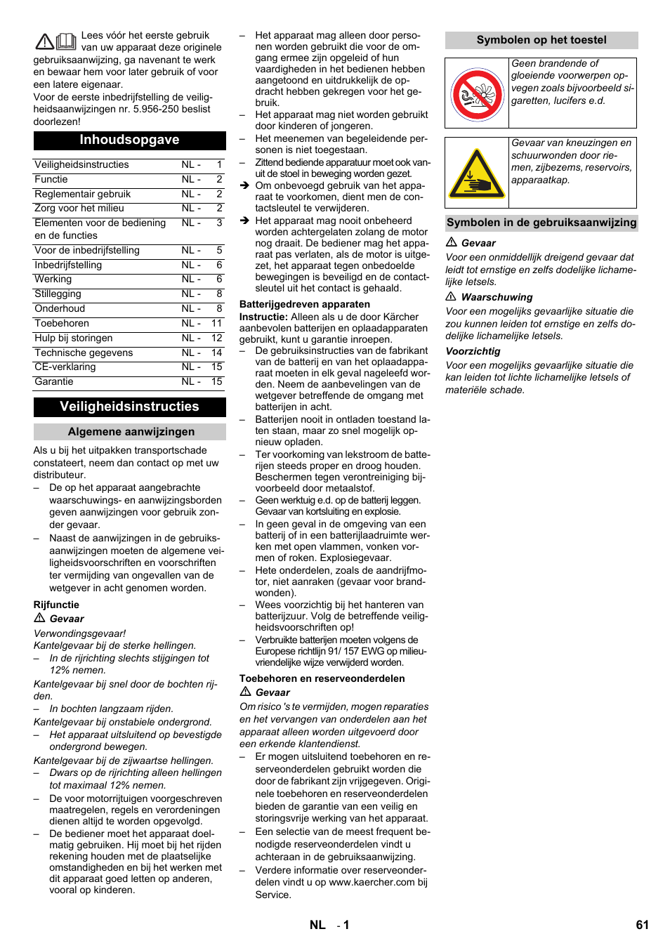 Inhoudsopgave, Veiligheidsinstructies | Karcher KM 90-60 R Bp User Manual | Page 61 / 408