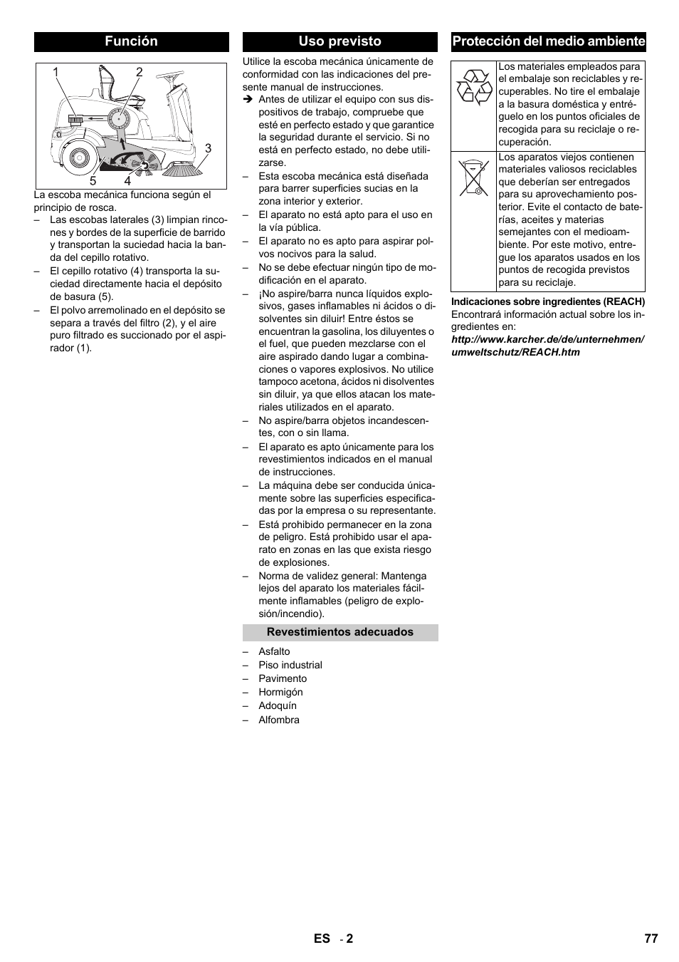 Función uso previsto, Protección del medio ambiente | Karcher KM 90-60 R Bp User Manual | Page 77 / 408