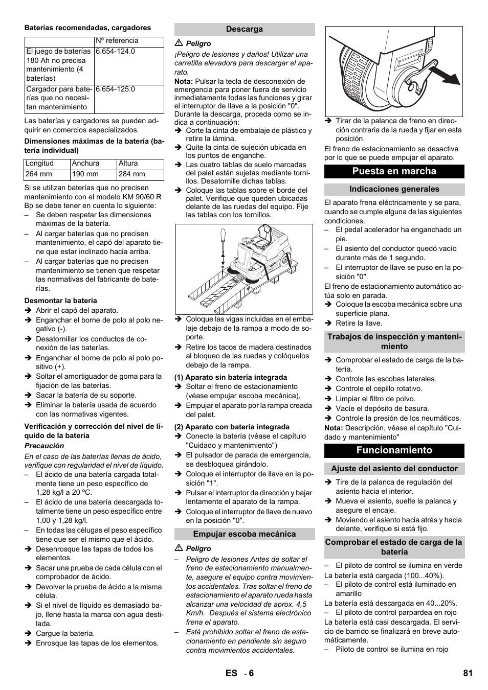 Puesta en marcha, Funcionamiento | Karcher KM 90-60 R Bp User Manual | Page 81 / 408