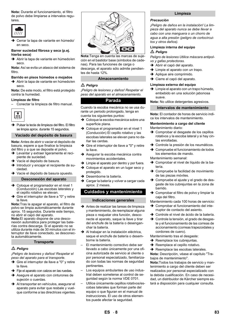 Parada cuidados y mantenimiento | Karcher KM 90-60 R Bp User Manual | Page 83 / 408