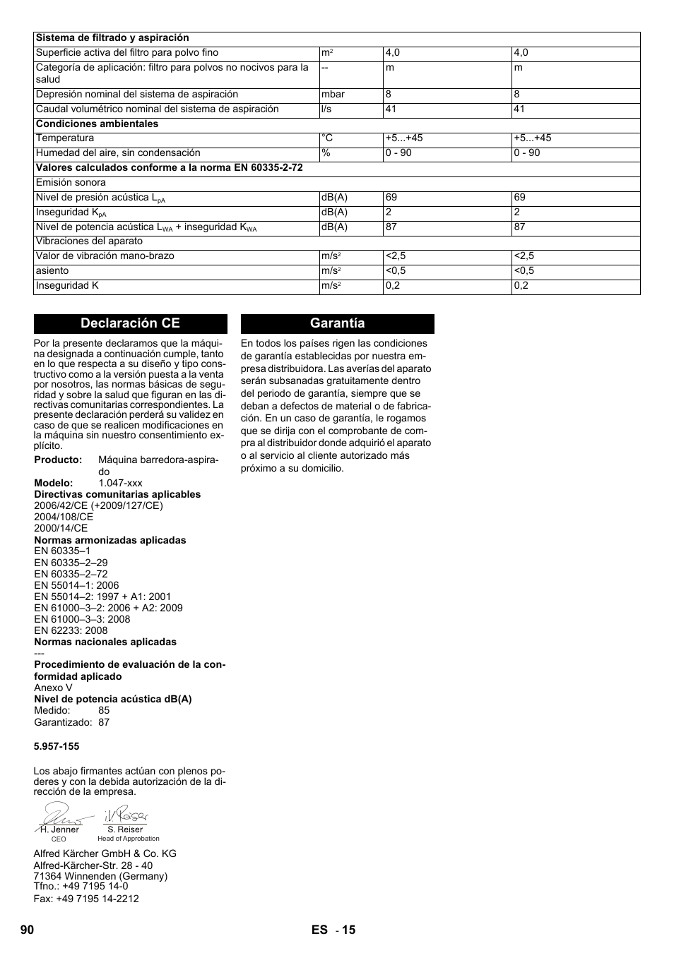 Declaración ce, Garantía | Karcher KM 90-60 R Bp User Manual | Page 90 / 408