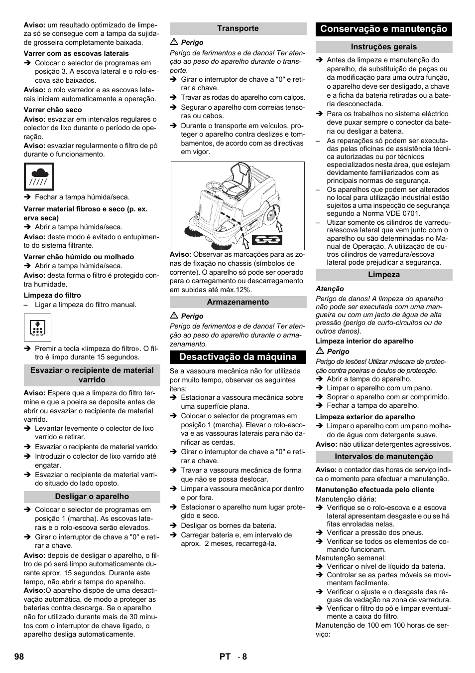 Desactivação da máquina conservação e manutenção | Karcher KM 90-60 R Bp User Manual | Page 98 / 408