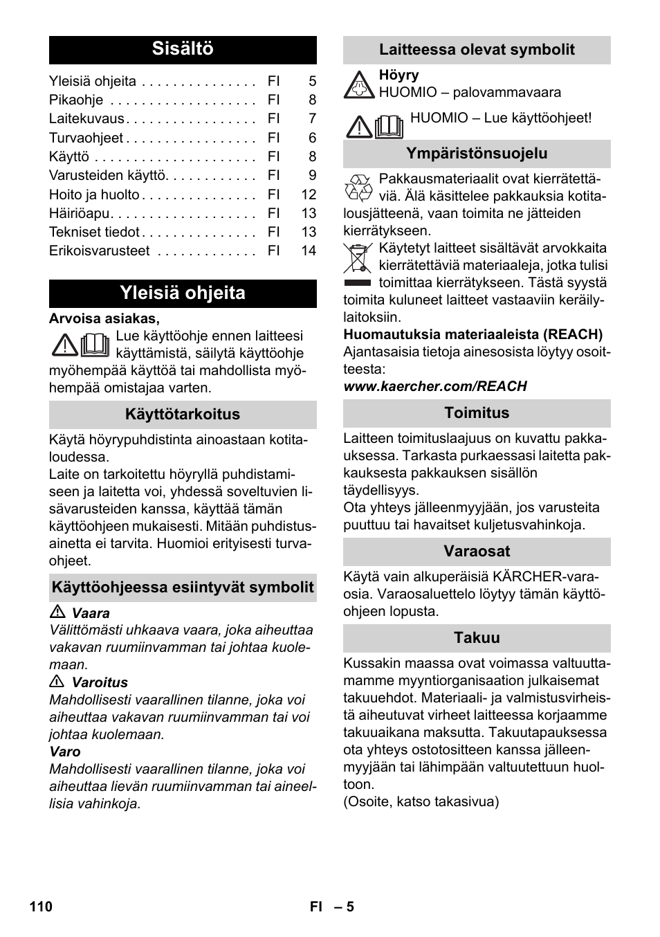 Suomi, Sisältö, Yleisiä ohjeita | Karcher SC 4-100 C User Manual | Page 110 / 314