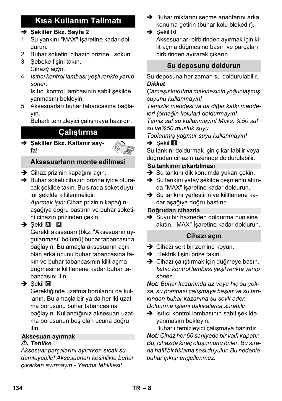 Kısa kullanım talimatı çalıştırma | Karcher SC 4-100 C User Manual | Page 134 / 314