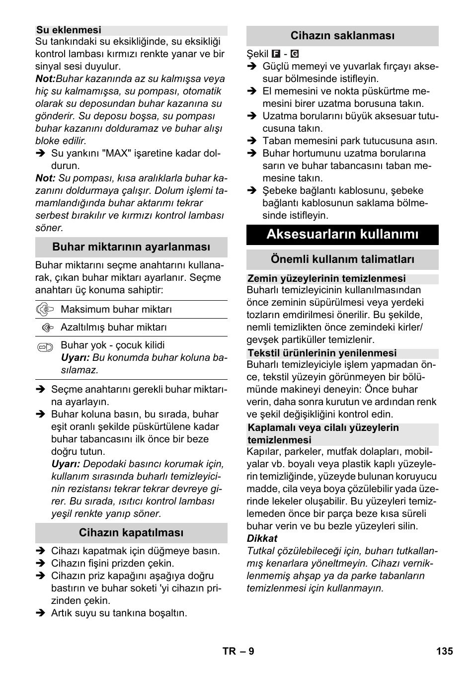 Aksesuarların kullanımı | Karcher SC 4-100 C User Manual | Page 135 / 314