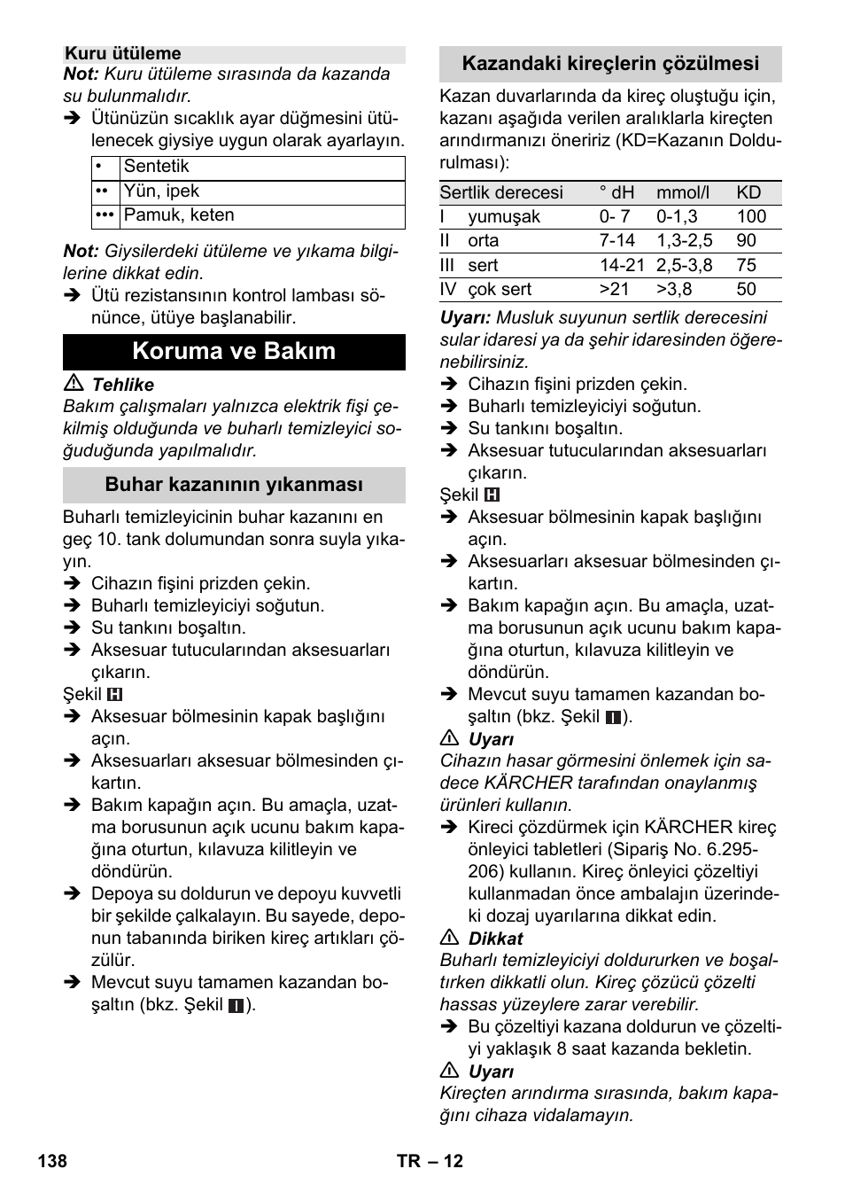 Koruma ve bakım | Karcher SC 4-100 C User Manual | Page 138 / 314