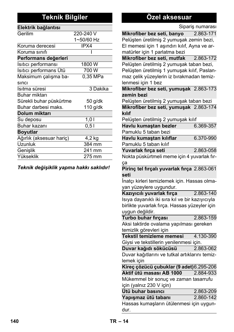 Teknik bilgiler, Özel aksesuar | Karcher SC 4-100 C User Manual | Page 140 / 314