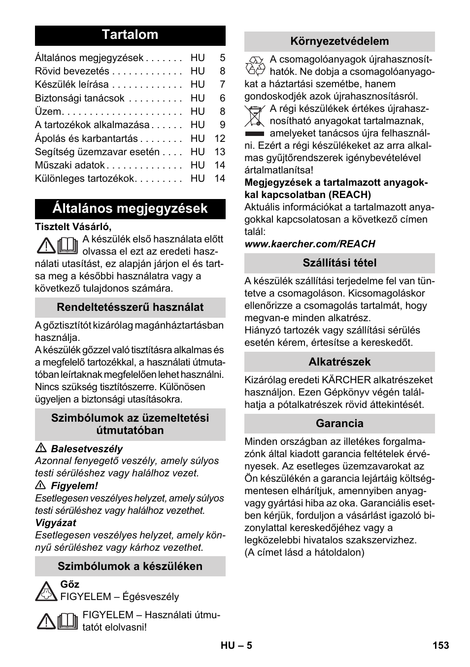 Magyar, Tartalom, Általános megjegyzések | Karcher SC 4-100 C User Manual | Page 153 / 314