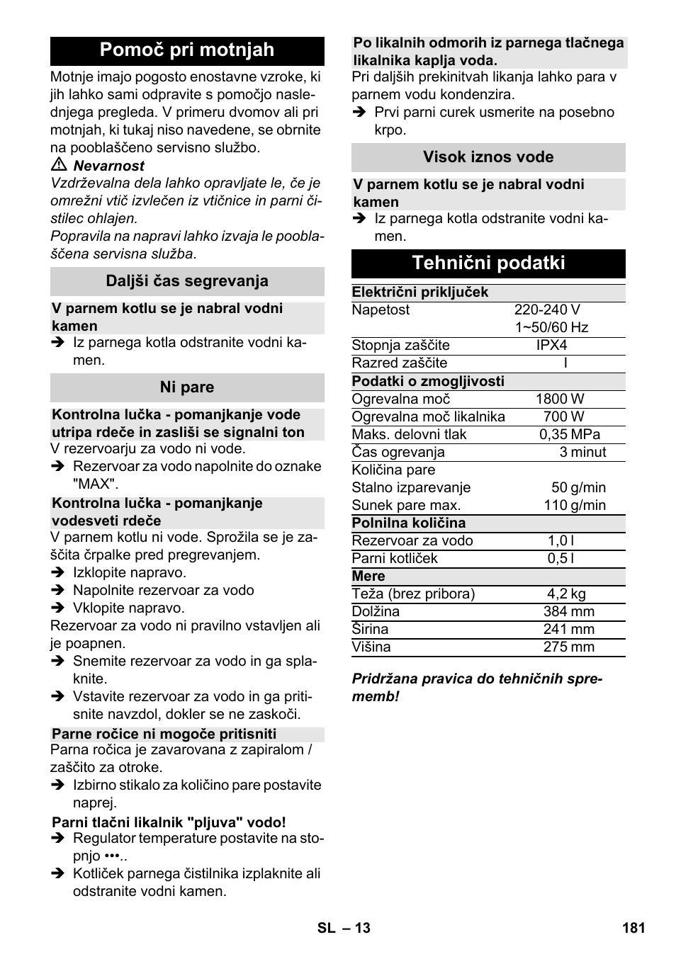 Pomoč pri motnjah, Tehnični podatki | Karcher SC 4-100 C User Manual | Page 181 / 314