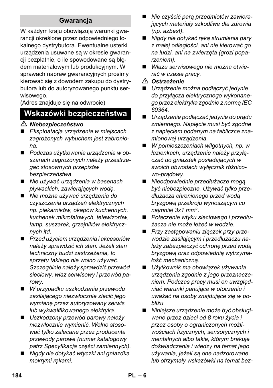 Wskazówki bezpieczeństwa | Karcher SC 4-100 C User Manual | Page 184 / 314