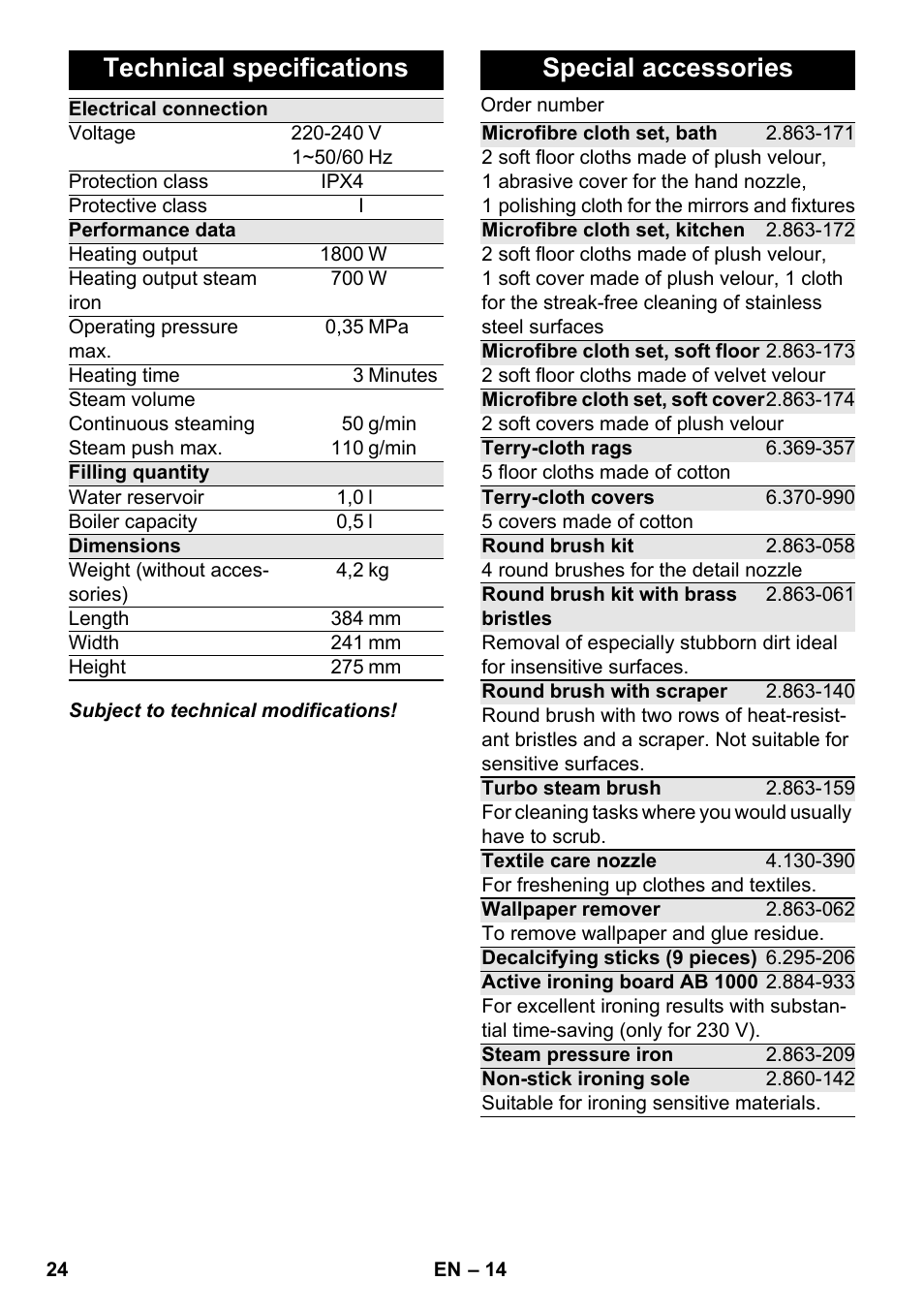 Technical specifications, Special accessories | Karcher SC 4-100 C User Manual | Page 24 / 314