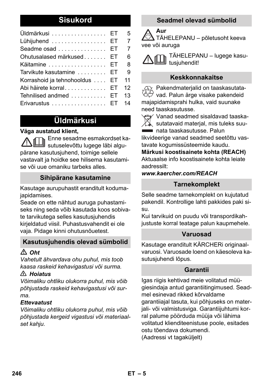 Eesti, Sisukord, Üldmärkusi | Karcher SC 4-100 C User Manual | Page 246 / 314