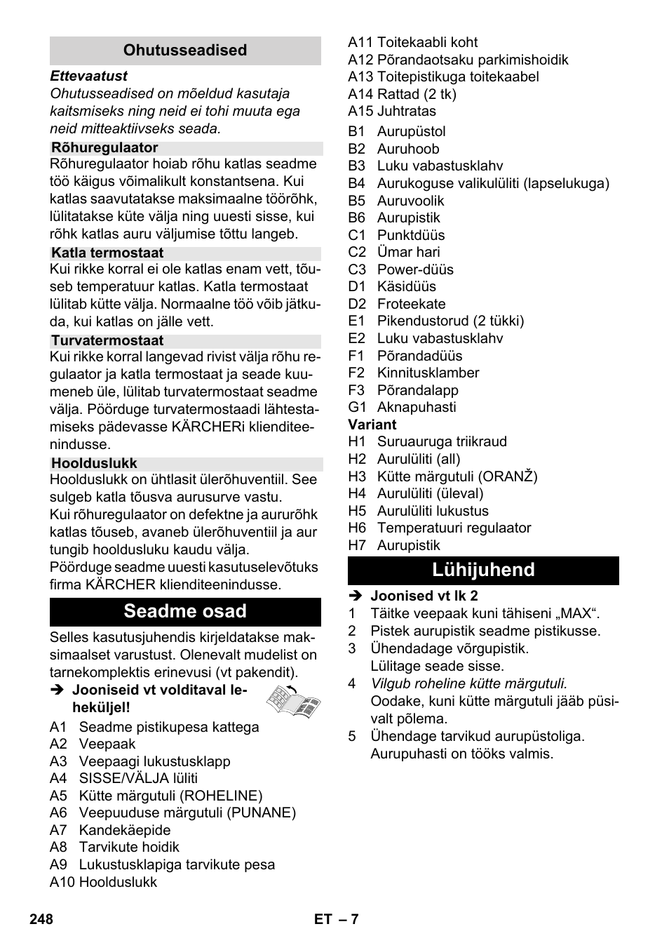 Seadme osad, Lühijuhend | Karcher SC 4-100 C User Manual | Page 248 / 314